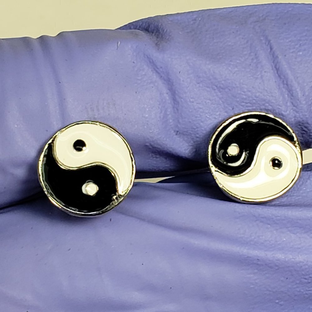 Silver-Tone Yin Yang Stud Earrings – Black White Symbol, 0.4" Minimalist Jewelry - Picture 6 of 8